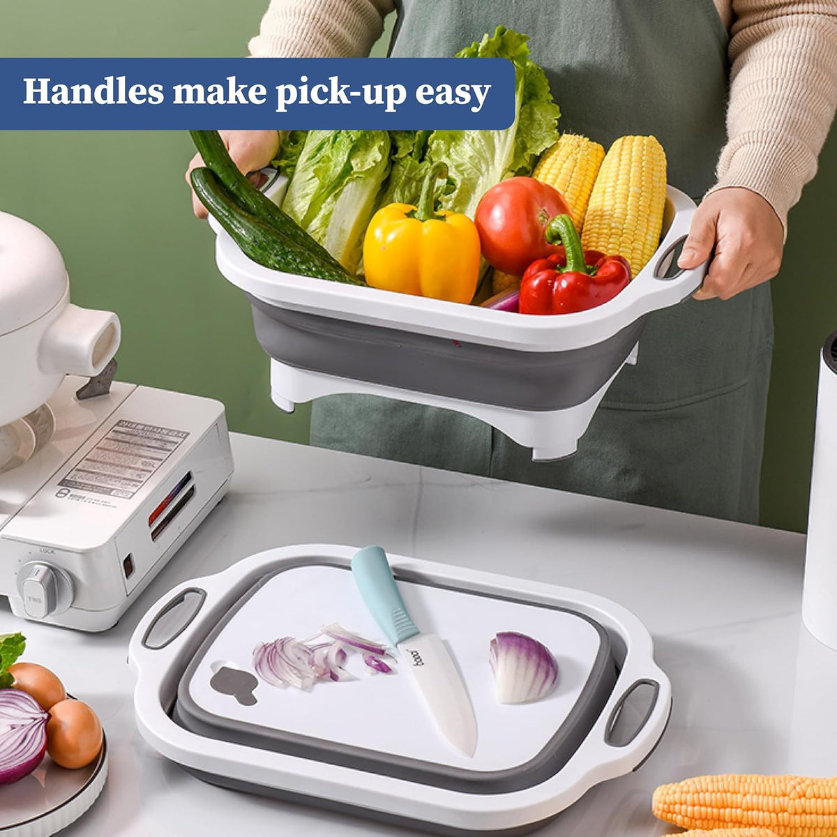 3-in-1 Foldable Chopping Board – Dish Rack, Washing Bowl & Draining Basket