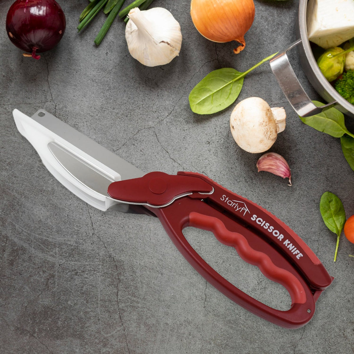2 In 1 Kitchen Knife Scissor With Spring Locking Hinge And Chopping Board (1 Pc With Card Packing)