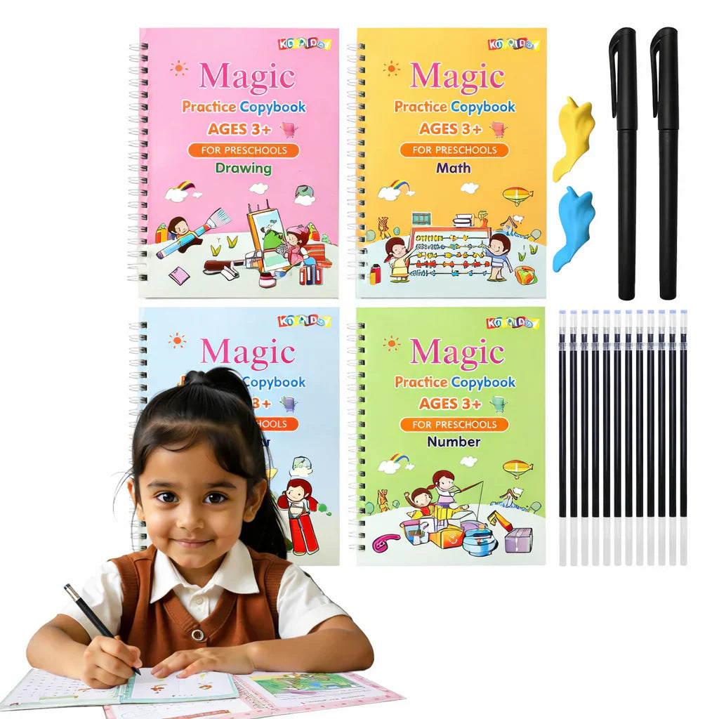 4 Pc Magic Copybook Set for Kids – Reusable Handwriting Practice Books