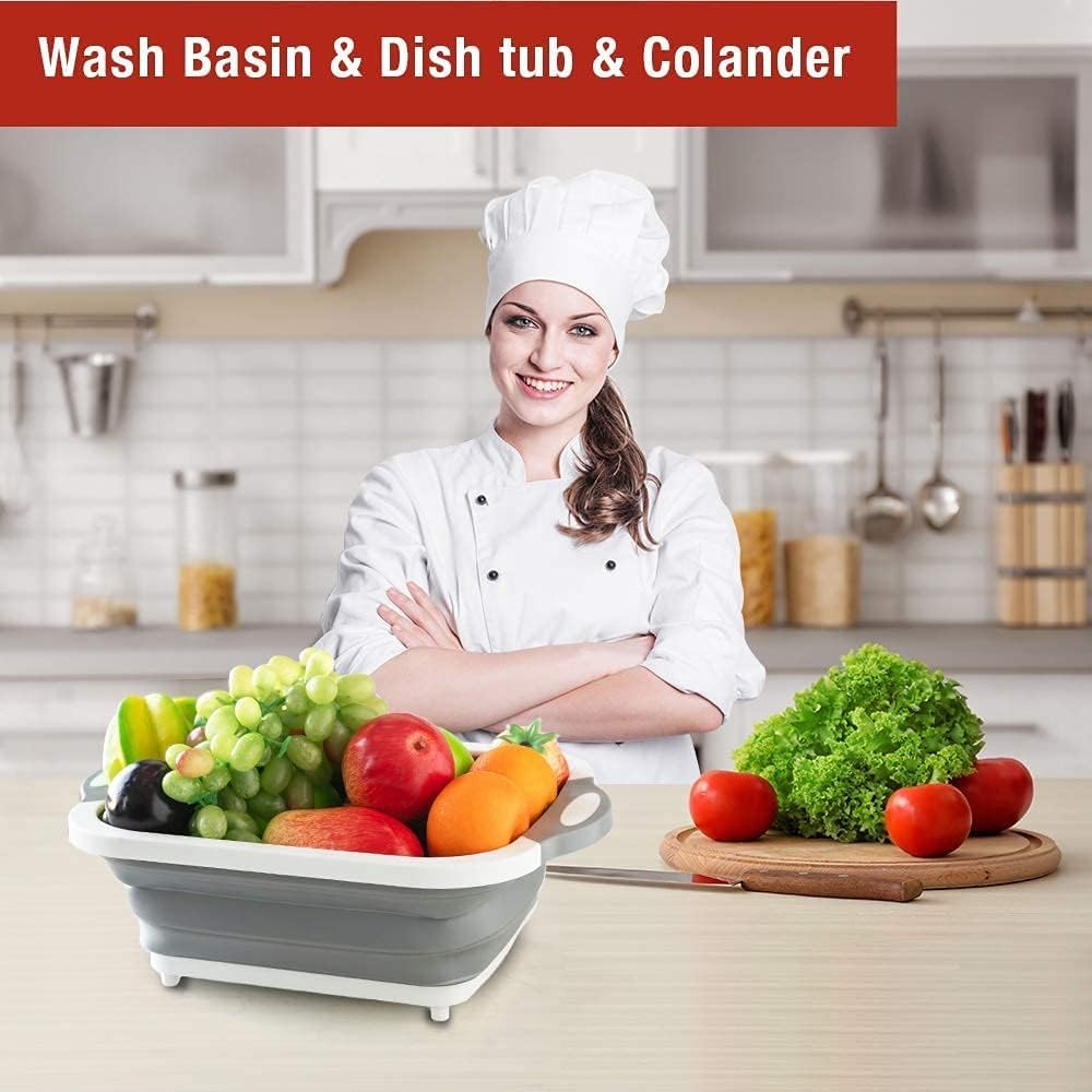 3-in-1 Foldable Chopping Board – Dish Rack, Washing Bowl & Draining Basket