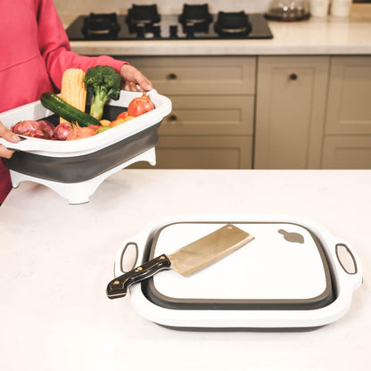 3-in-1 Foldable Chopping Board – Dish Rack, Washing Bowl & Draining Basket
