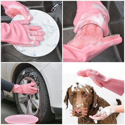 Magic Silicone Dishwashing Gloves Heat-Resistant Reusable Scrubbing Gloves Multicolor (1 Pair)