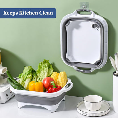 3-in-1 Foldable Chopping Board – Dish Rack, Washing Bowl & Draining Basket