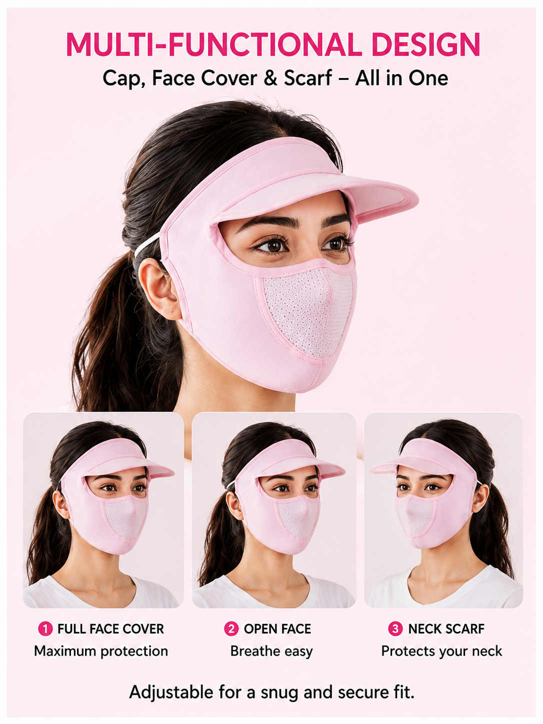Womens Full Face Uv Protection Cap With Built-in Mask And Wide Brim Visor with Breathable Mesh (1 Pc)