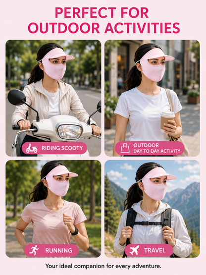 Womens Full Face Uv Protection Cap With Built-in Mask And Wide Brim Visor with Breathable Mesh (1 Pc)