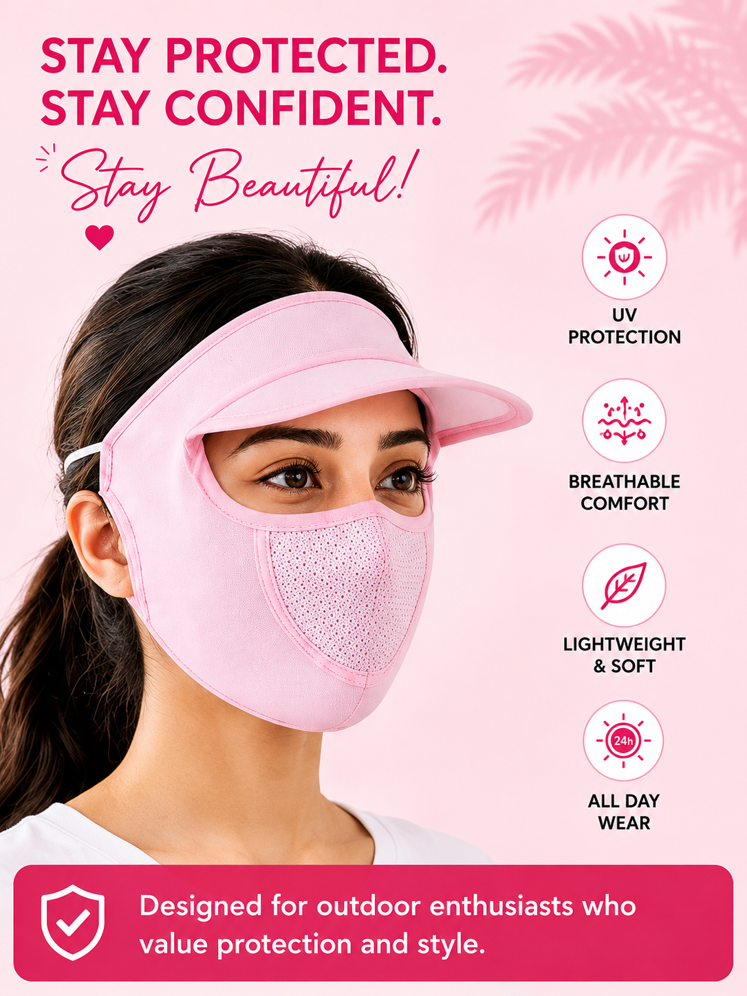 Womens Full Face Uv Protection Cap With Built-in Mask And Wide Brim Visor with Breathable Mesh (1 Pc)