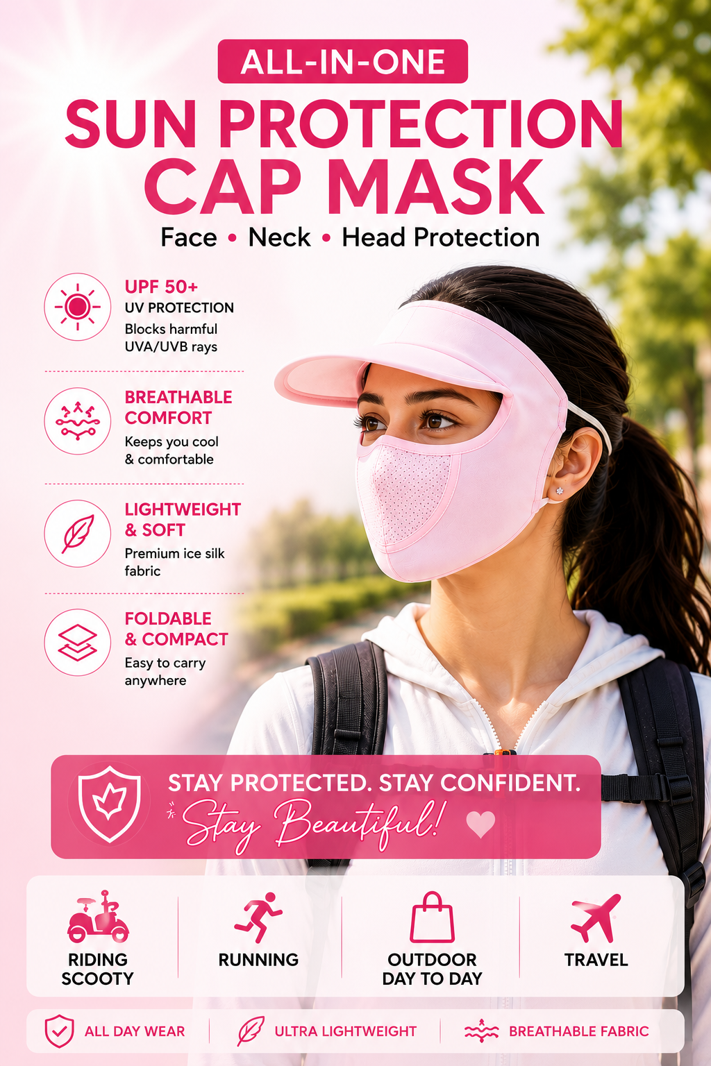 Womens Full Face Uv Protection Cap With Built-in Mask And Wide Brim Visor with Breathable Mesh (1 Pc)