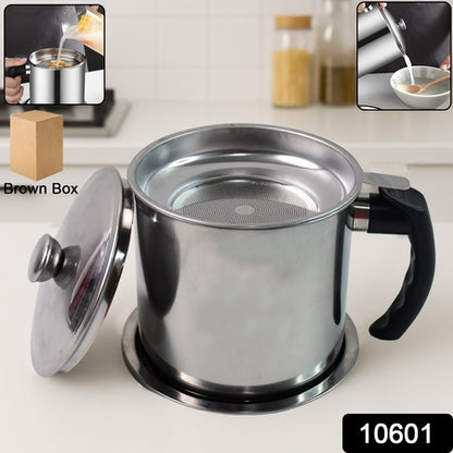 PureOil Strainer Pot™ – Stainless steel pot with lid & fine mesh filter.