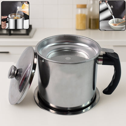 PureOil Strainer Pot™ – Stainless steel pot with lid & fine mesh filter.