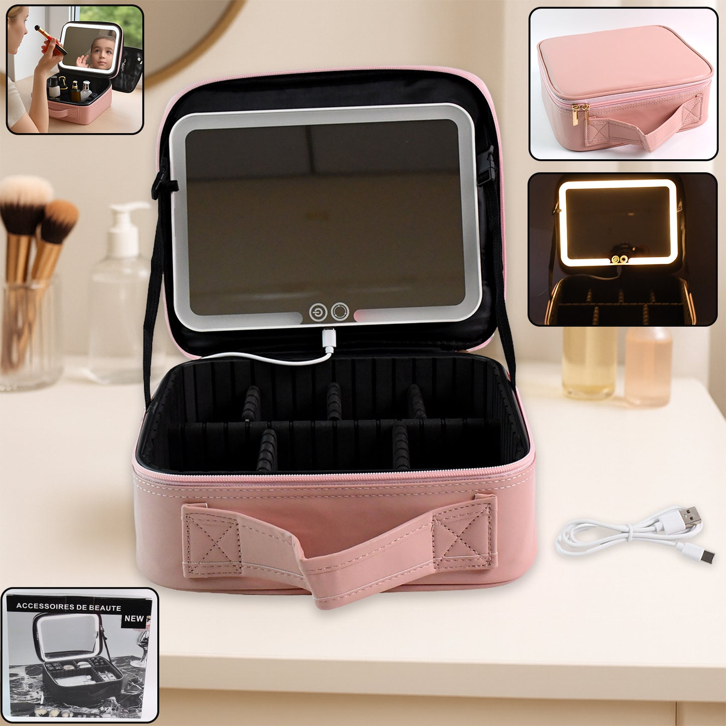 Glamora LED Organizer™ – Luxury pink box for cosmetics with lighting.
